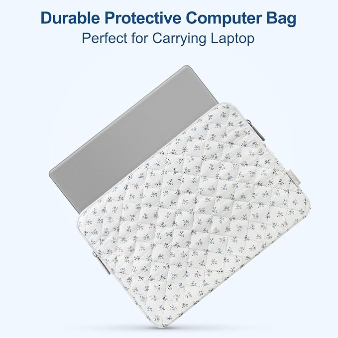 MOSISO Laptop Case 16 inch, 15-15.6 inch Puffy Laptop Sleeve Bag Compatible with MacBook Pro 16 M5 M4 M3 M2 M1, HP Acer Dell Lenovo ASUS, Charming Floral Square Quilted Carrying Bag&Small Case, Blue