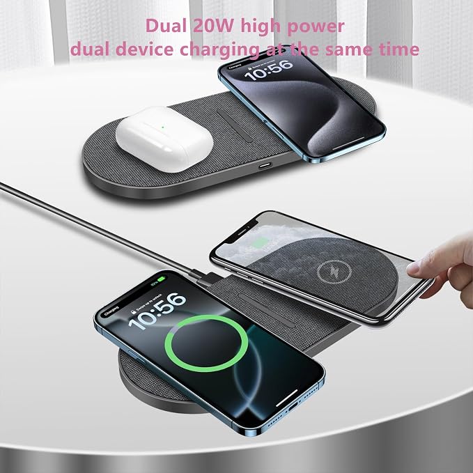 40W Wireless Charging Pad,Dual 20W Charging mat for Apple iPhone 16 15 14 13 12 11 Pro/Max/Mini/Plus/XS/XR,Airpods 4/3/Pro,2 in 1 Wireless Phone Charger for Samsung,Pixel,Xperia(with PD Adapter)