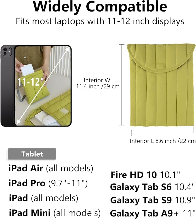 Puffy Laptop Sleeve Set 11-12 Inch Green, Protective Carrying Case for Men and Women, Cute Case Bag Compatible with 11 Inch and 12 Inch Laptops, 10.9" Ipad 10, 10.2" Ipad 7 8 9 in Cover