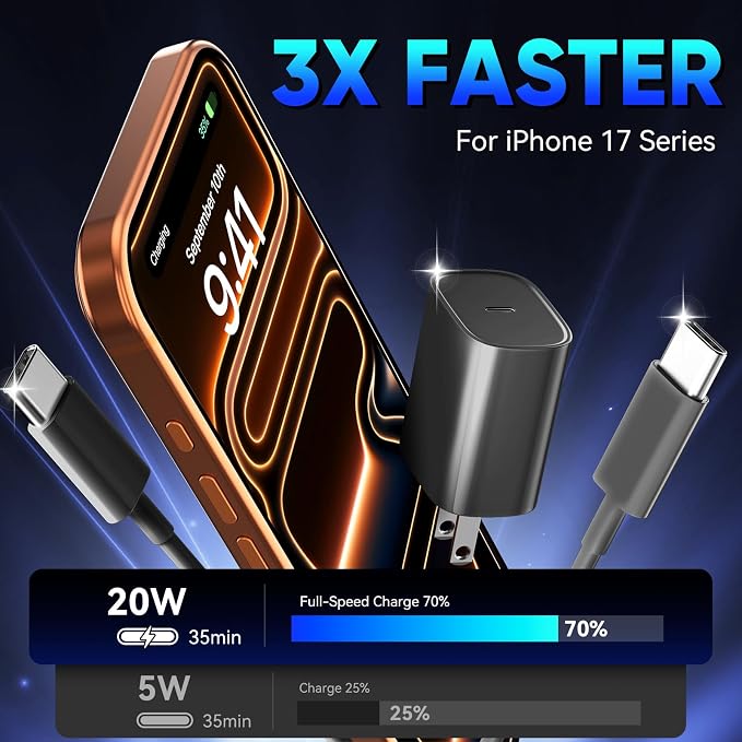 Phone 17 16 15 Pro Charger Fast Charging, 20W USB C Fast Charger Block with 6.6FT Long Type C Chargers Fast Charging Cable Cord for Phone 17/17 Pro/17 Pro Max/Air/16 Pro Max/16 Pro/15Pro Max/Pro, S24