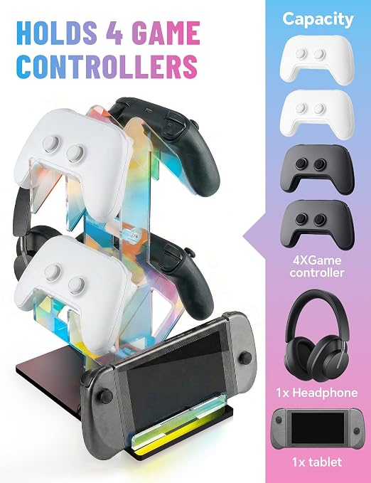 NiHome Iridescent Acrylic 2-Tier Universal Game Controller Headset Holder Rack, Modern Storage Organizer for PS5 Xbox ONE Switch Game Controllers and Headphones Anti-Slip Stable Gaming Accessory Stand