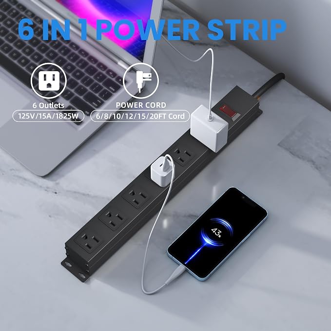 6 Outlet Heavy Duty Power Strip with Long Power Cord,Mountable Power Strip Without Surge Protector for Garage,Industrial,School and Home,15A 125V 1875W,ETL Approved and Listed,Black (8FT)