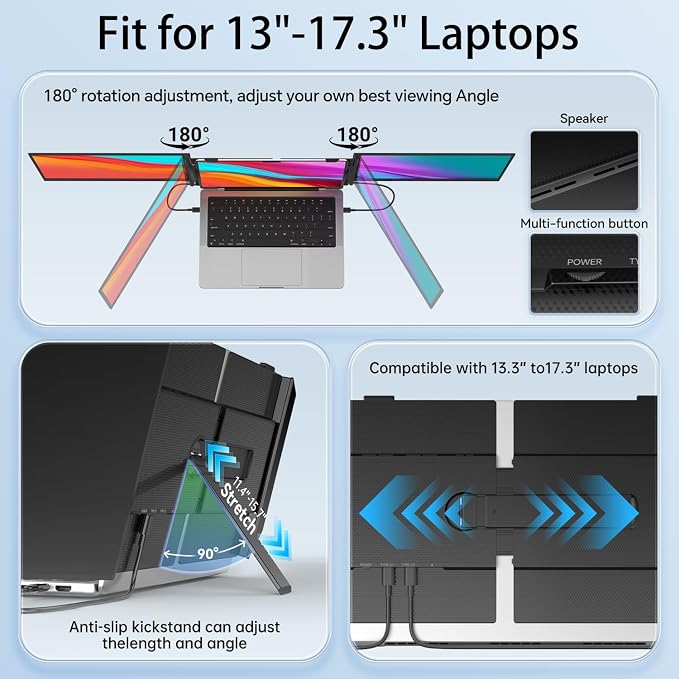 14.2" Triple Laptop Screen Extender, Ultra-Thin FHD 1080P IPS Portable Monitor for Laptop, Aluminum Alloy Tri-Screen Travel Monitor, Plug & Play for Windows/Mac/Chrome, Fits 13"-17.3" Laptops