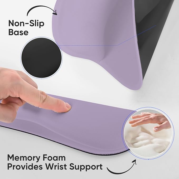 RICHEN Wrist Rest Support for Mouse Pad&Keyboard Set with Coaster,Concave Curved Memory Foam, Non-Slip Base Pain Relief Comfortable Easy Typing Pad for Home/Office (Lavender Purple)