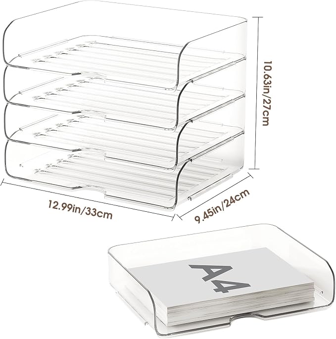 4-Tier Large-Capacity Paper Organizer, Clear Stackable Desk Organizer & Acrylic Paper Tray, Transparent & Easy Access,Desk File Organizer for Home Office & School