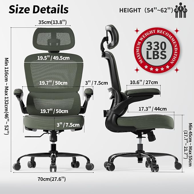 TRALT Ergonomic Office Chair - Desk Chair with Adjustable Headrest Lumbar Support Computer Chair - Mesh Comfy Chair with Flip-up Armrests - Gaming Chairs for Adults Home Office (Leather, Dark Green)