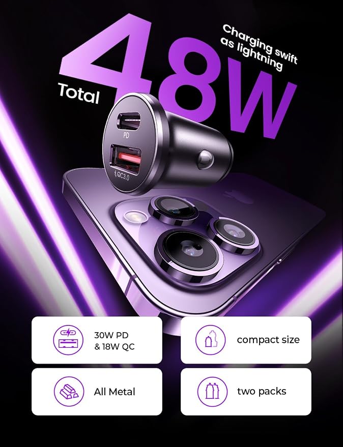 LISEN USB C Car Charger Adapter [2 Pack] [Mini & Metal] Cigarette Lighter USB Charger Fast Charging [PD QC 3.0] USBC Car Phone Charger for iPhone 15 Pro Max Plus 14 Samsung Galaxy S23 iPad Pro, Purple