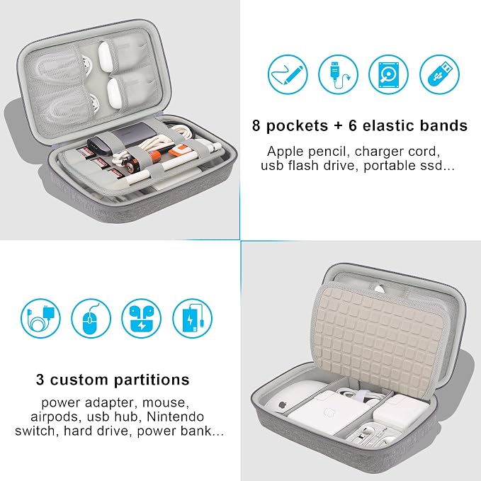 Elonbo Hard Travel Cords Organizer Universal Small Electronic Accessories Carrying Case for Chargers Cables MacBook Adapter Magic Mouse Apple Pencil USB Flash Disk Tech Portable Storage Bag, Grey
