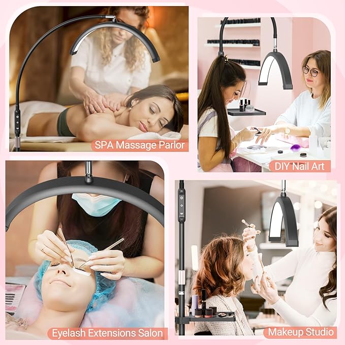 LIONVISON Half Moon Lash Light: 6500K LED Lamp Ring Light with Tray - 360° Flexible Gooseneck Durable Metal Stand - Salon Use for Lash Artists Eyelash Extensions (18In Black)