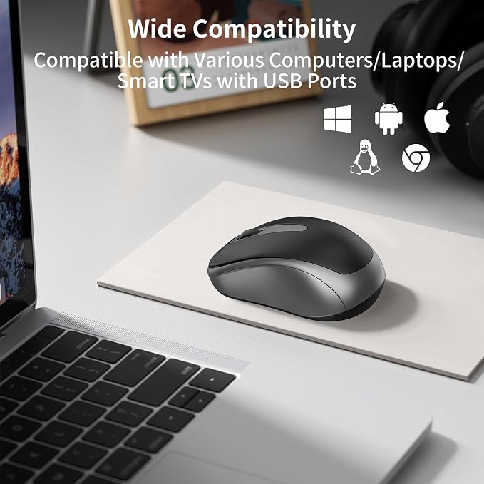 ACOZYKITTEN Wireless Mouse for Portable Computer, 2.4G Noiseless Mouse with USB Receiver, Ergonomics Cordless Optical Silent Mice for Windows PC, Tablet, Laptop, Mac- Gray & Black