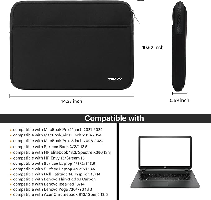 MOSISO Laptop Case 13-14 inch, 13.3 inch Laptop Sleeve Bag Compatible with MacBook Air 13 13.6/Pro/Neo 13/Pro 14, HP Dell ASUS Lenovo,Neoprene Carrying Case with Horizontal Pocket, Black