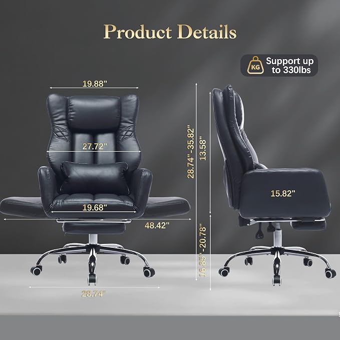 High Back Executive Office Chair with Footrest, Reclining PU Leather, Lumbar Support, Criss Cross Style, 155° Recline, Black (Black)