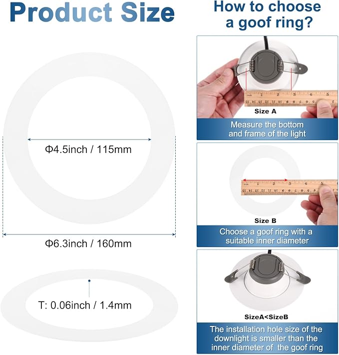 M METERXITY 1-Pack Goof Rings for 5 Inch Recessed Lights, 4.5" ID 6.3" OD Durable Plastic Trim Ring Flush Mount White Can Light Trim Ring Cover for Ceiling Can Downlights