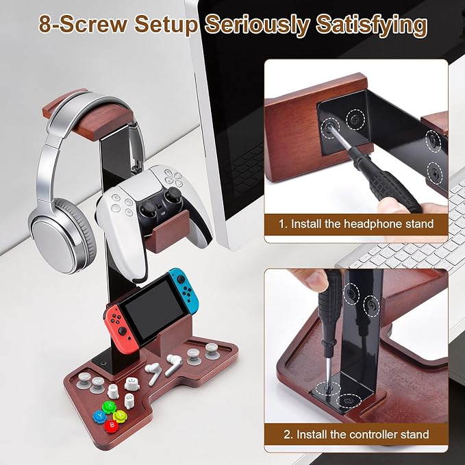 Solid Wood Headphone Stand Controller and Headset Stand Game Controller Holder for Desk Hanger Organizer Gaming Set Up Accessories for Xbox PS4 PS5 Nintendo Switch