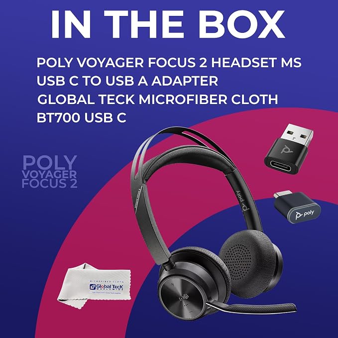 Poly Plantronics Voyager Focus 2 MS, Stereo Bluetooth Headset, USB-C for Teams, Connects to Laptop and Smartphone - Works with Zoom, RingCentral, 8x8, Vonage - w/USB C/A Adapter and GTW Cloth