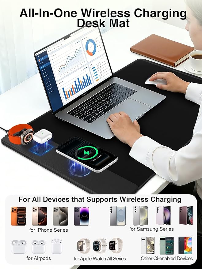 Mouse Pad with Magnetic Wireless Charging, Large Desk Mat, Non-Slip Mouse Mat, Keyboard Pad for Gaming, Desk, Office, PC (The Left Charging-Black)