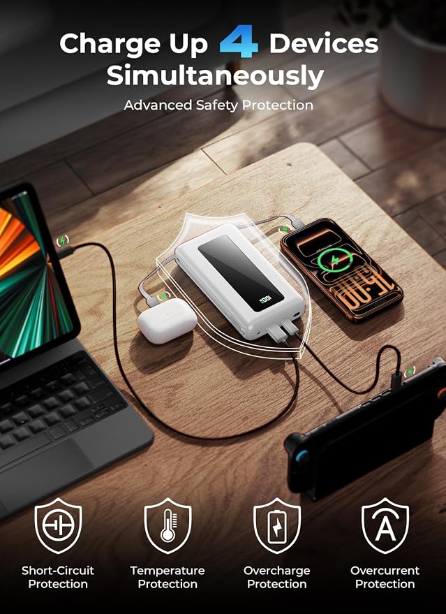 Power Bank, 50000mAh Travel Camping Essential Portable Charger with Built-in USB-C & iOS Cable, 22.5W PD Fast Charging Battery Pack, for iPhone 17/16/15, MacBook, Android – Pearl White