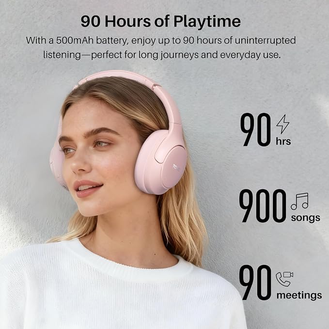 TOZO HT3 Hybrid Noise Cancelling Headphones, 90H Battery Life Wireless Over Ear Bluetooth 6.0 Foldable Headset, AI Voice Assistant with 5 Mics, Connect 2 Devices and Hi-Res Sound, 32 EQ Audio Presets