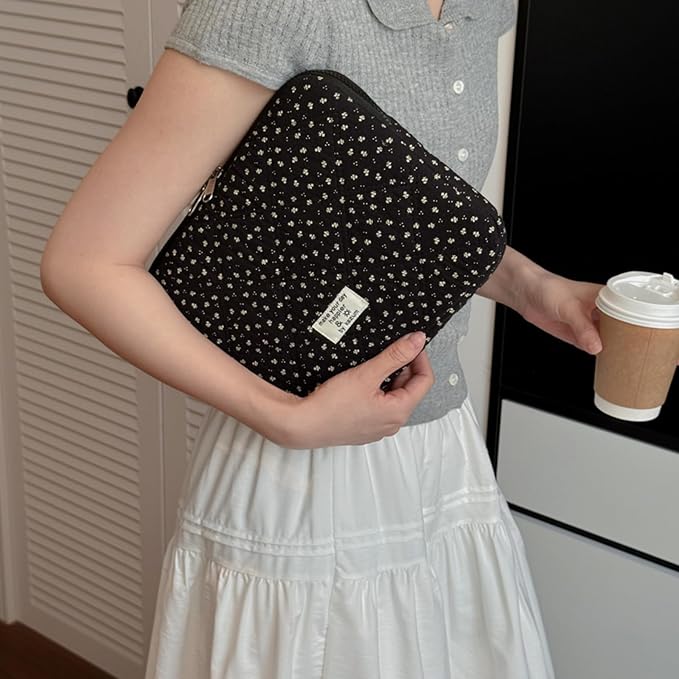 Puffy Laptop Sleeve 13-15.6 Inch Corduroy Quilted Laptop Protective Case Cute Floral Computer Sleeve Protective for MacBook (Black Ditsy Floral, 11 Inch)