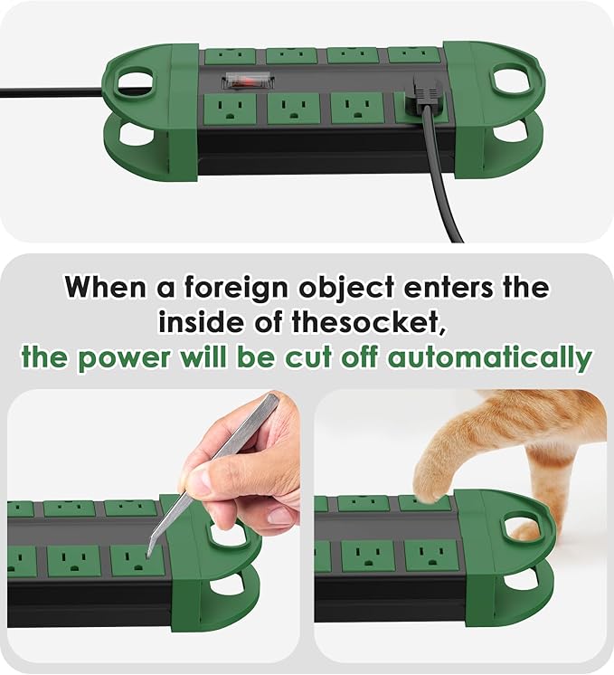 CCCEI 2 Outdoor Power Strips Weatherproof with 8 Plug, Waterproof Extension Cord with Multiple Outlets, Christmas Exterior Garden Yard Surge Protector 6FT, Green.