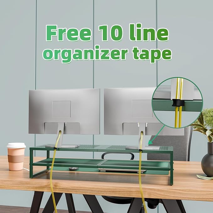 Simple Trending 2 Tier Metal Dual Monitor Stand Riser, Computer Office Desktop Organizer for 2 Monitors with 32"x10" Mouse Pad for Laptop, Printer, TV, Green