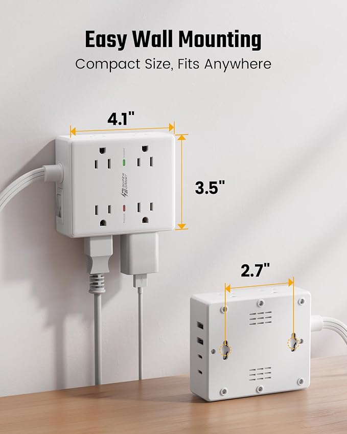 20Ft Long Extension Cord, Flat Plug Power Strip with 8 Outlets & 4 USB Ports (2 USB C), Wall Mountable Surge Protector, Desk Charging Station for Home Office, College Dorm Room Essentials