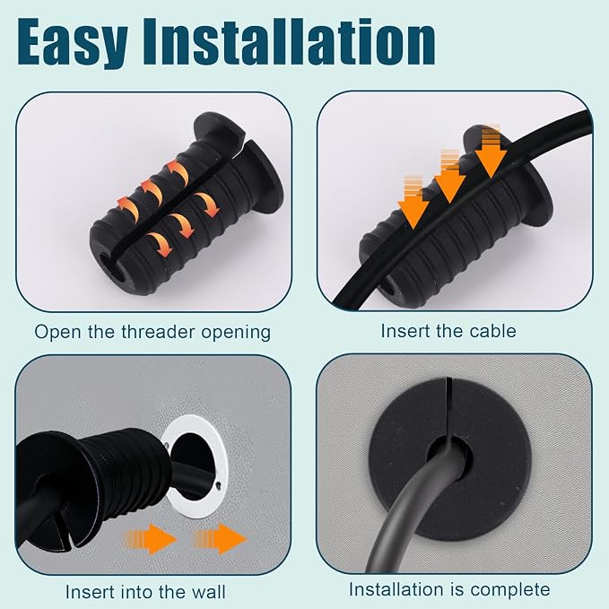 4pcs 3/4in Cable Grommets for Starlink, Black Anti-Slip Cable Routing Kit Split Wall Hole Pass Through Bushing Grommet Cover for Ethernet/TV Wires Waterproof Cord Protection Installation Accessories