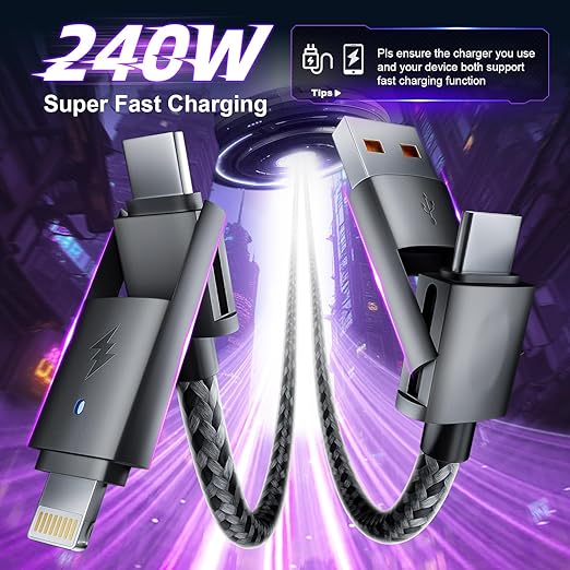 240w 4 in 1 Charging Cable, Fast Charger USB C to Lightning Cable, Braided USB to USB C Cable, Travel Essential Multi Charging Cable for iPhone 16/15/14 Series/Pad/MacBook/Galaxy/Laptops and More[5FT]
