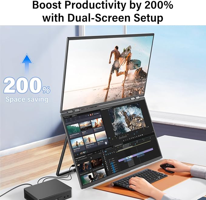 InnoView 23.8" FHD Dual Portable Monitor 1920x1080P 100% sRGB - Foldable & Stackable Design with 315° Screen Adjustment & 180° Stand | USB-C/HDMI, Dual Monitor for Laptop, Mac, Windows