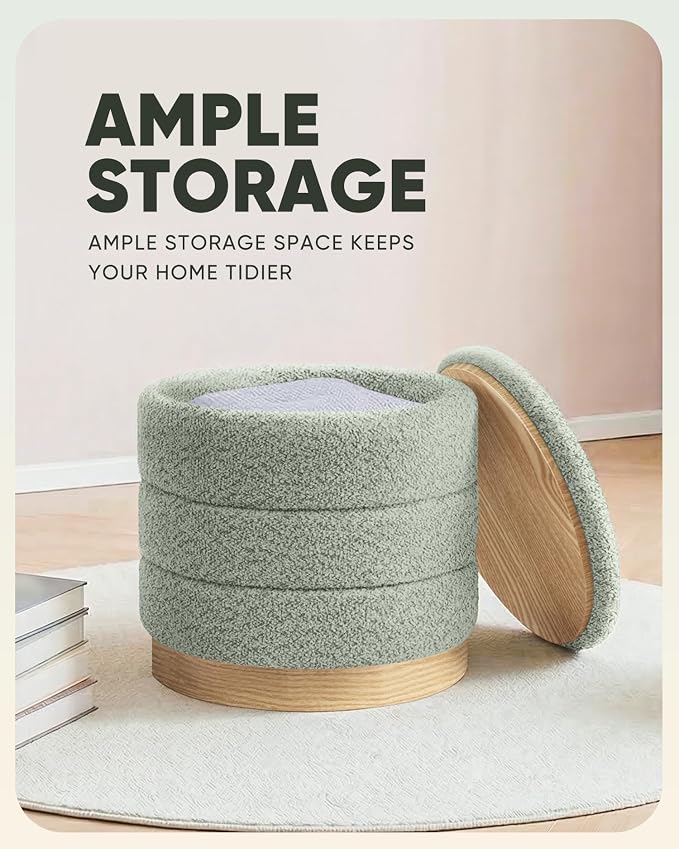 B FSOBEIIALEO Round Storage Ottoman with Tray, Folding Ottoman with Storage Coffee Table Foot Rest for Dorm Room Living Room Chenille Fabric,Sage Green,15.35"x15.35"x14.57"