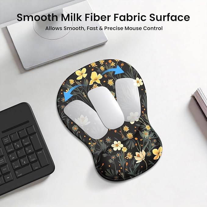 AKIT Ergonomic Mouse Pad and Keyboard Wrist Rest, 3-in-1 Memory Foam Wrist Rest for Computer Keyboard, Non-Slip Base, Pain Relief, Gel Mousepad Set for Gaming, Home and Office, Flower Black