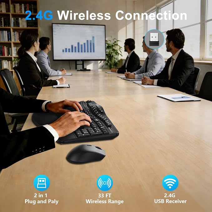 Wireless Keyboard and Mouse Combo, Ergonomic Keyboard with 6 Multimedia Keys, 2.4G Full Size Keyboard with Wrist Rest, 3-Level DPI Wireless Silent Mouse with 6-Buttons, for Windows (Dark Black)