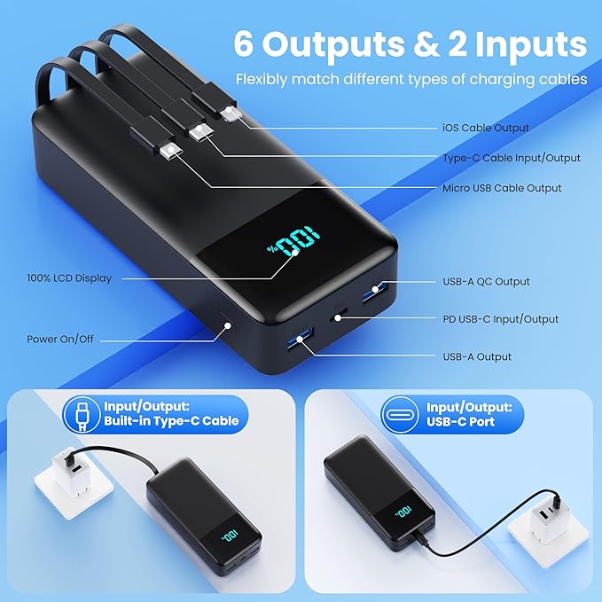 Portable Charger 50800mAh Power Bank with 3 Built in Cables,25W PD QC4.0 Fast Charging USB C Battery Pack,6 Outputs 2 Inputs Travel Essentials Portable Phone Charger for iPhone 17/16/15,Google,Android