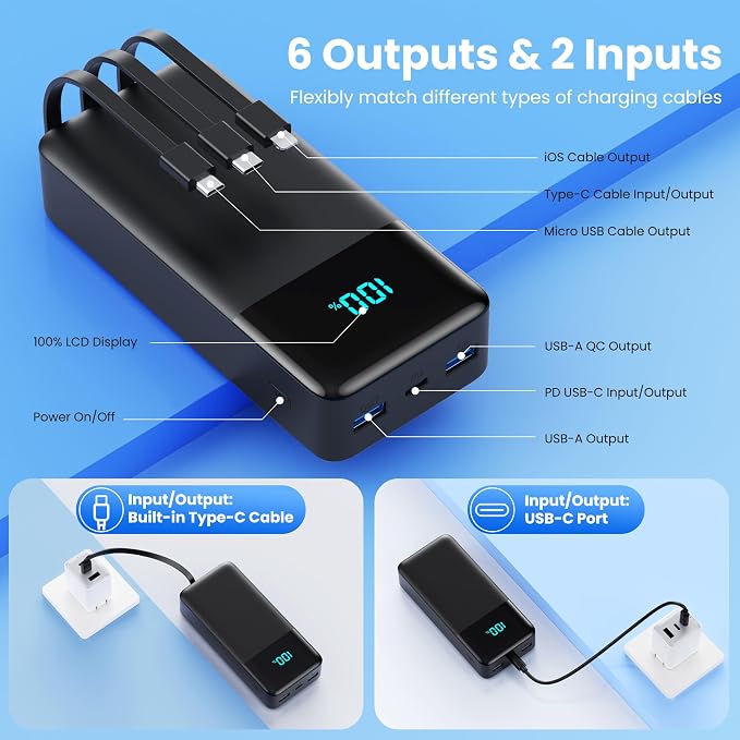 Portable Charger 60800mAh Power Bank with 3 Built-in Cable,25W PD USB C Power Bank Fast Phone Charging,QC4.0 Travel Outdoor Essential Portable Phone Battery Pack for iPhone 17/16/15/14,Galaxy Android