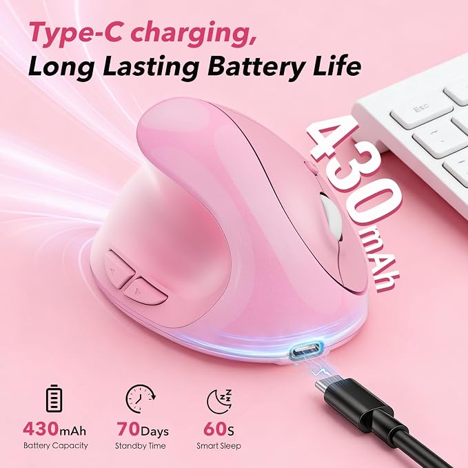 Left Handed Ergonomic Mouse Jiggler,Vertical Wireless & Rechargeable,2.4G USB Carpal Tunnel Lefty Mice with Undetectable Random Movement Keeps PC Laptop Awake-Pink