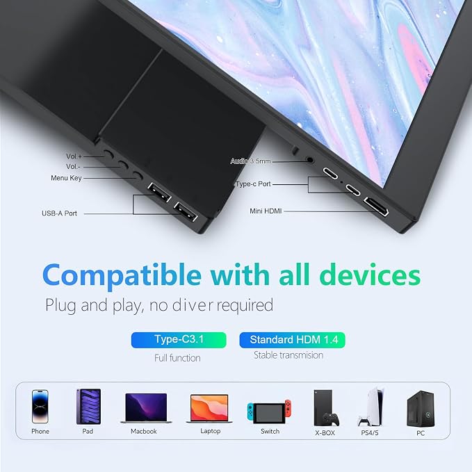 Portable Monitor 15.6 inch FHD1080P USB C HDMI Travel Monitor with Kickstand, IPS Gaming External Monitor for Laptop, PC, Phone, PS, Xbox, Swich