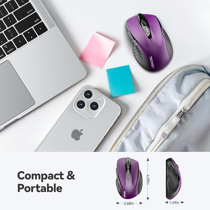 TECKNET Wireless Mouse Rechargeable, 2.4G USB-A Silent Mouse, Quiet Click, 6 Adjustable 4800 DPI, Cordless Computer Mice, Ergonomic Mice for Laptop, 6 Buttons for Chromebook, Ergo Grip - Purple