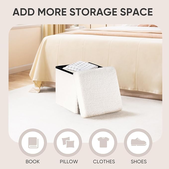 PINPLUS Storage Ottoman Cube Square Shaped Ottomans with Storage Foot Stool Footrest for Lving Room Boucle Ottoman Seat for Dorm Room,Faux Teddy Fur White,12.6"x12.6"x12.6"