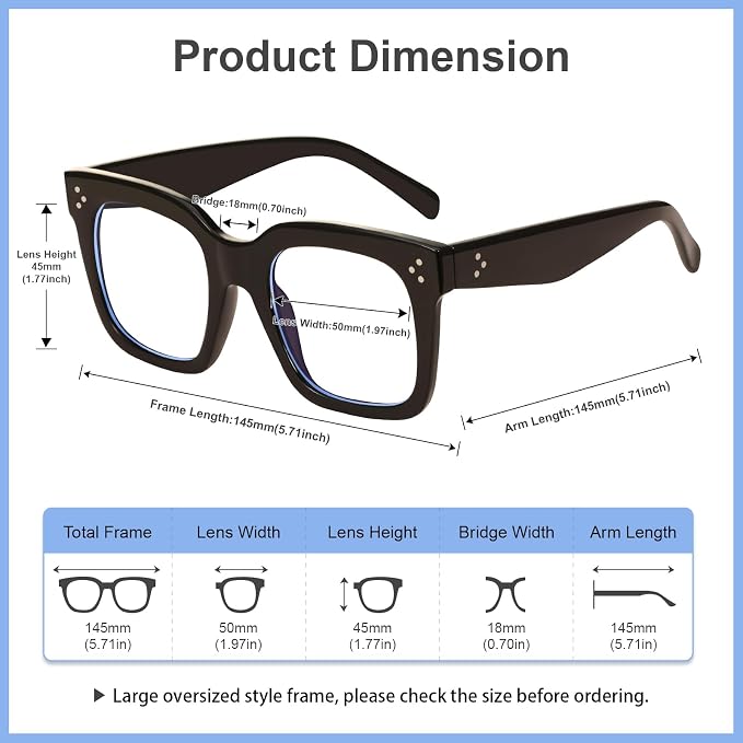 Ovresized Blue Light Blocking Glasses for Women Men Square Computer TV Eyeglasses