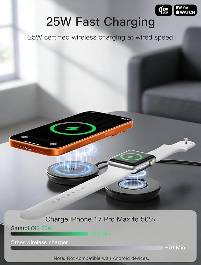 2 in 1 Magnetic Wireless Charger, Qi2 25W Fast Charging Travel Station Pad Compatible with MagSafe for iPhone Air/17/16/15/14/13/12, 5W for Apple Watch, AirPods 4/3/2/Pro with 30W Adapter (Black)