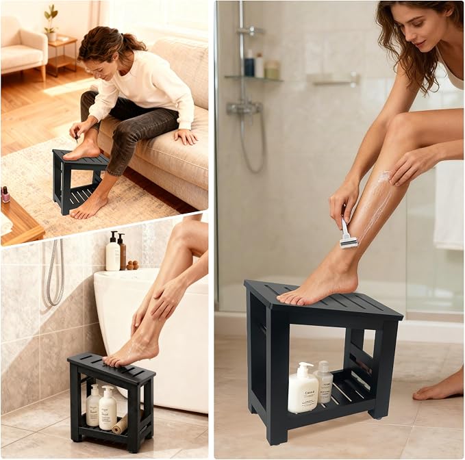 Bamboo Shower Foot Rest Stool for Shaving Legs & Pedicure, Non-Slip Bathroom Foot Step with Storage Pocket, Solid & Water-Resistant,Natural (Black)