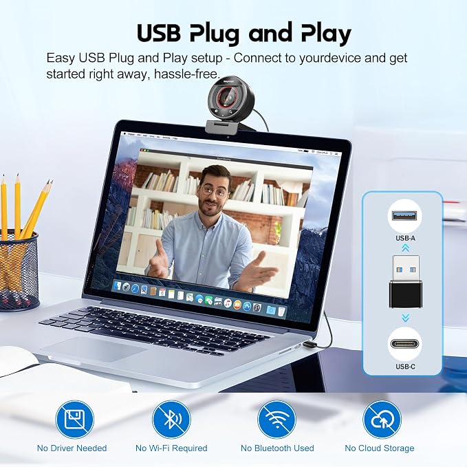4K Webcam for PC - Computer Camera with PDAF USB Webcam with Microphone & Privacy Cover, 1080P@60FPS Streaming Camera, USB 2.0 Plug&Play, 8X Digital Web Cam w/ 78°View for Meeting/Zoom/Teams
