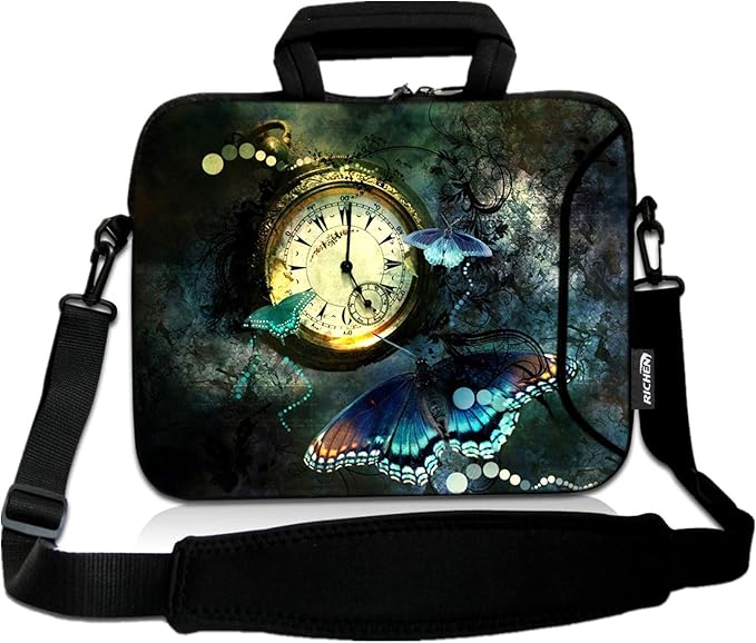 RICHEN 14 15 15.4 15.6 inch Laptop Shoulder Bag Messenger Bag Notebook Handle Sleeve Neoprene Carrying Case with Accessories pocket (14-15.6 inch, Clock & Butterfly)