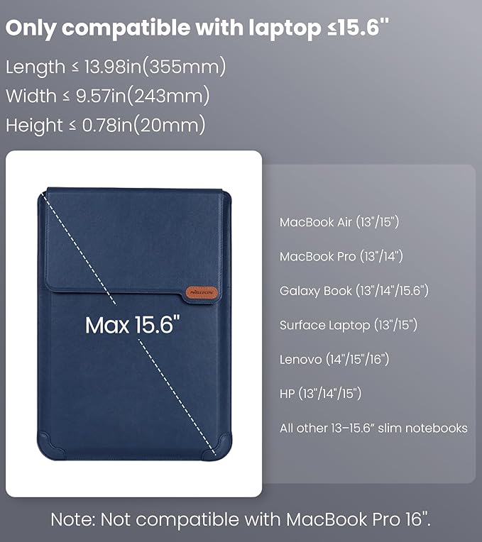 Nillkin Laptop Sleeve 15.6 inch (3-in1), MacBook Sleeve with Adjustable Stand & Mouse Pad, 2 Stand Modes, 15 inch Laptop Case, Slim MacBook Accessories for Samsung/Surface/Chromebook 13-15.6'', Blue
