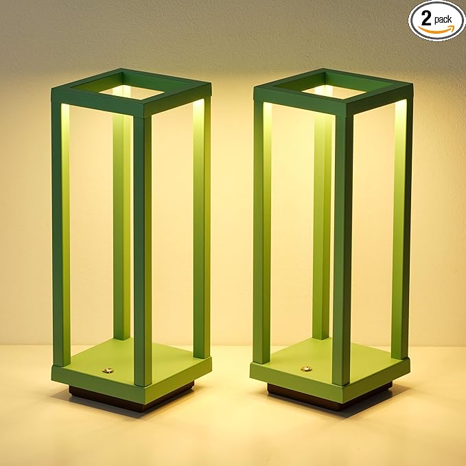 PUSU Cordless Waterproof Table Lamps Set of 2, Green Outdoor Rechargeable 4000mAh Battery Operated Desk Lamp 2700K 3-Level Dimmable, Portable LED Lighting for Patio, Camping, Bedroom, Night Light