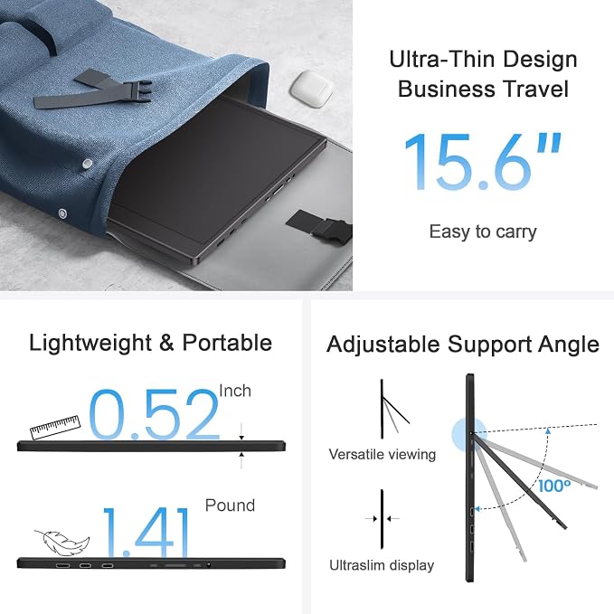 UFYQL Portable Monitor 15.6-inch FHD 1080P Ultra-Slim Travel External Monitor HDR IPS Gaming Display with Kickstand &Speakers USB-C HDMI Plug&Play，for Laptop PC Phone PS4/5 Xbox Switch