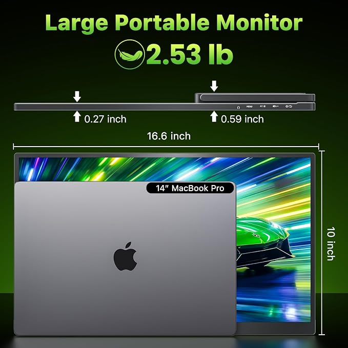 Upperizon Portable Monitor 18.5 inch 2K QHD 120% sRGB 120Hz IPS HDR HDMI USB-C Travel Monitor for Laptop MacBook PC Surface PS5 Xbox, Large External Display with Kickstand & Speakers, VESA Compatible