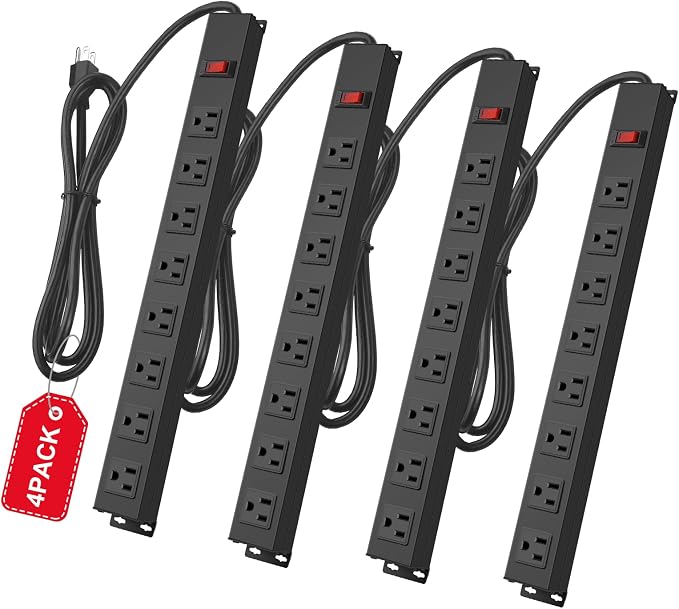 4Pack Metal 8 Outlet Mountable Power Strip, Wall Mount Outlet Heavy Duty, Wide Spaced Commercial Shop Power Strip with Switch, 10 FT Power Cord.
