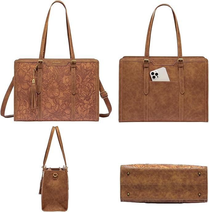 LOVEVOOK Laptop Bag for Women Vintage Leather Work Tote 17.3 inch Large Capacity Computer bag with Clutch Purse for Office, Travel, Casual