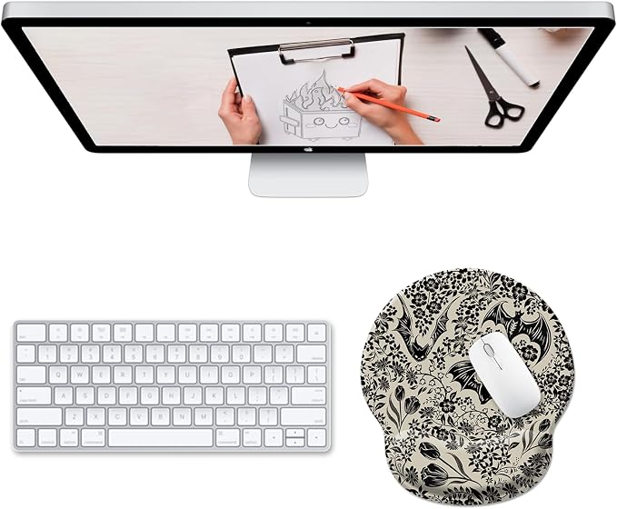 Hancynir Goth Bat Floral Ergonomic Mouse Pad with Wrist Rest, Gothic Flowers Gaming Mousepad Wrist Support, Funny Computer Mouse Pad with Non-Slip PU Base for Desk Accessories Office Decor Supplies